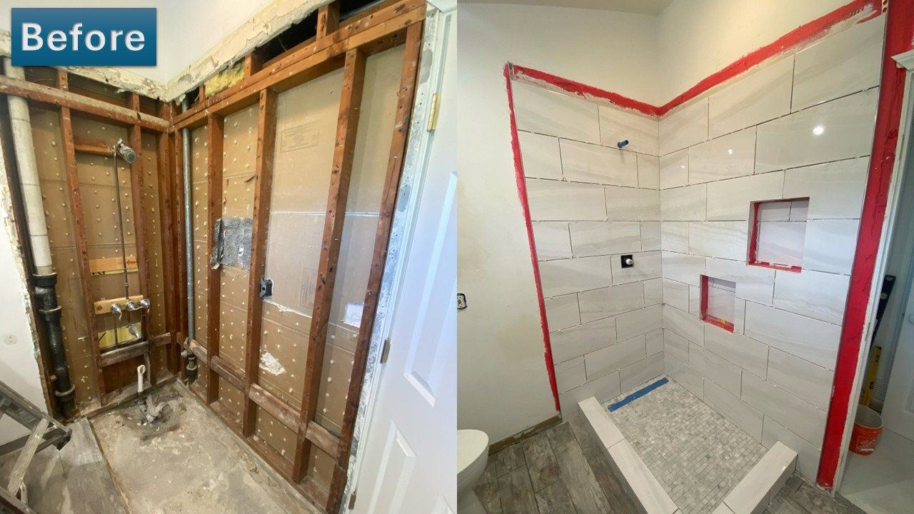 Shower remodel: before, before and after photos