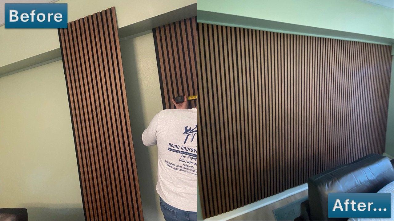 Wood slat accent wall, before and after photos
